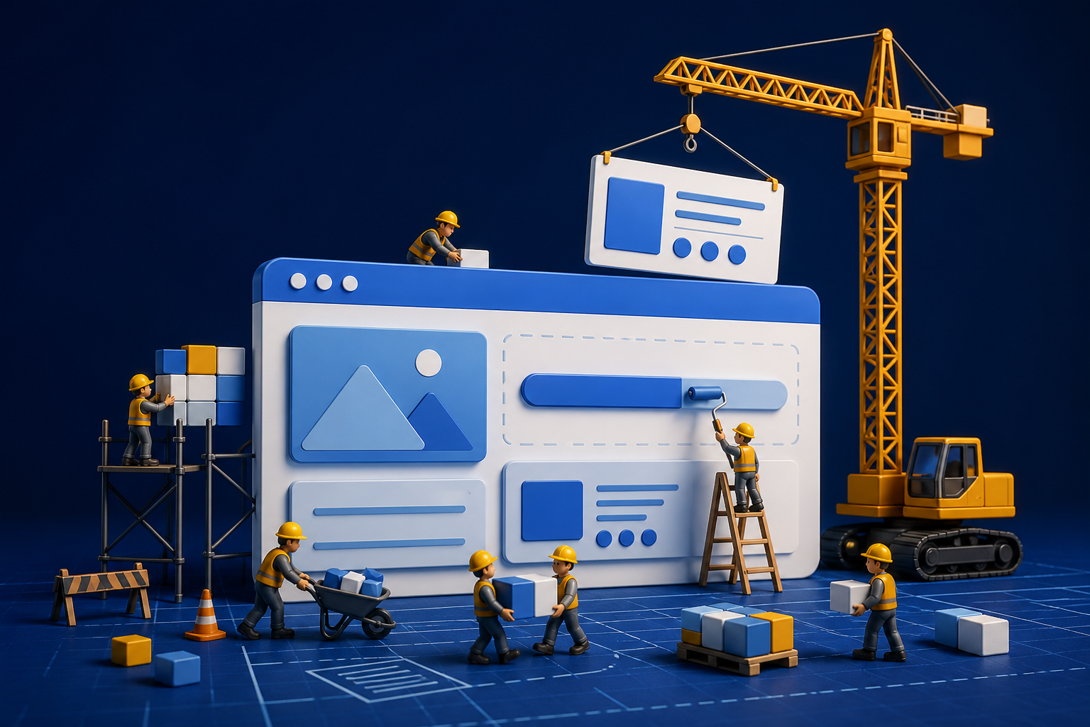 Miniature construction crew building a new website